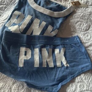 PINK XS Blue Ringer Tee and Small Logo Boy Shorts